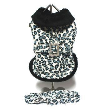 Blue Leopard Faux Fur Pet Coat Harness with Rhinestone Bone Buckle and - Witty Tail